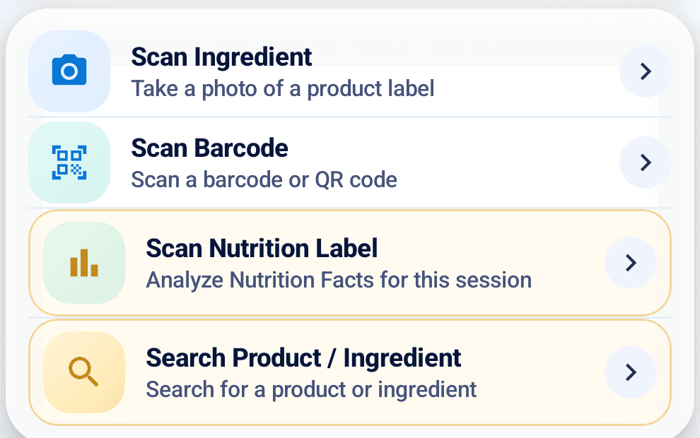 InstaCheck home screen showing the four product entry options: Scan Ingredient, Scan Barcode, Scan Nutrition Label, and Search Product or Ingredient