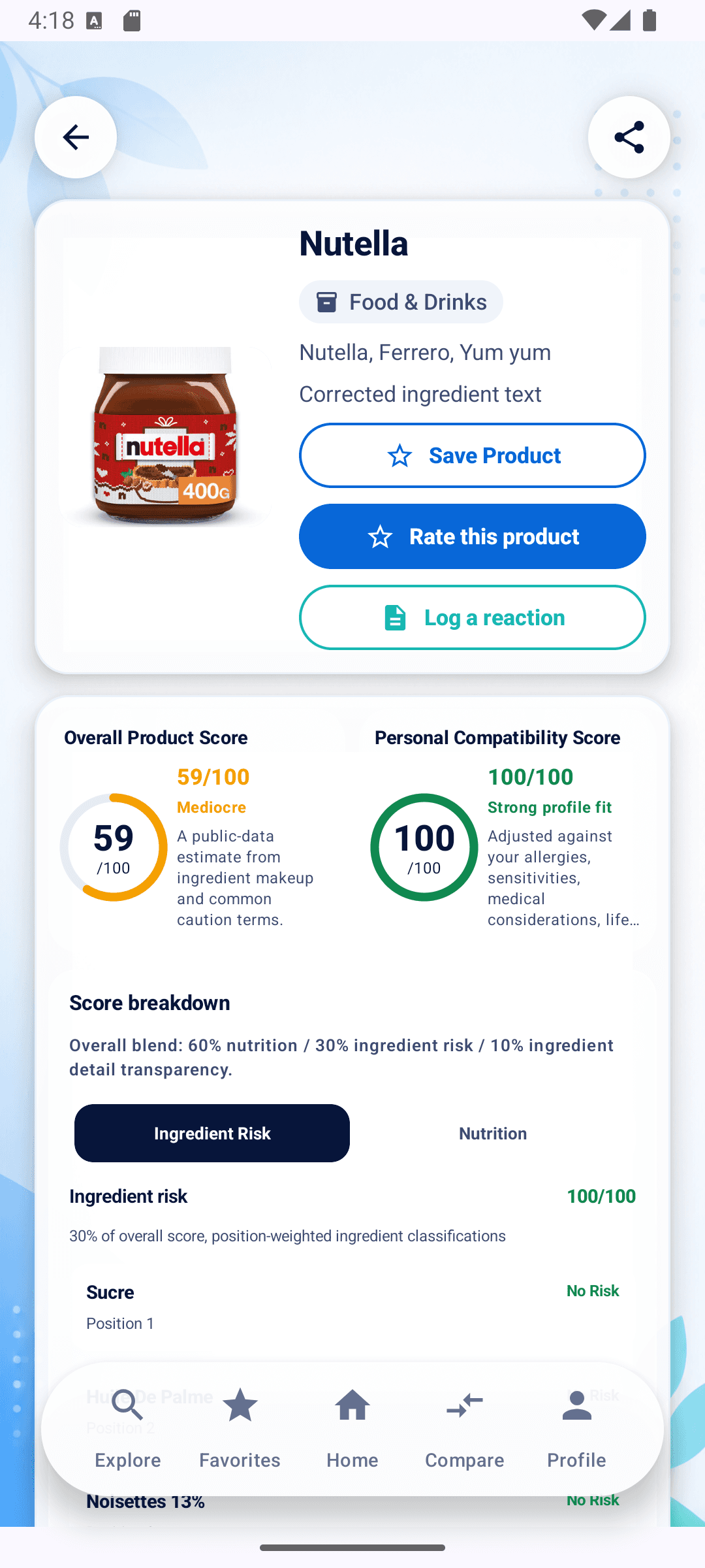 InstaCheck product result for Nutella showing the Overall Product Score, Personal Compatibility Score, and ingredient risk breakdown