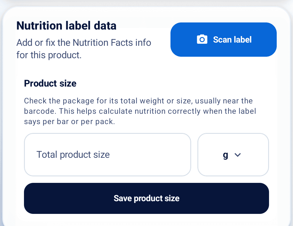 InstaCheck Nutrition label data screen showing nutrition label scan, product size, unit selection, and save functionality