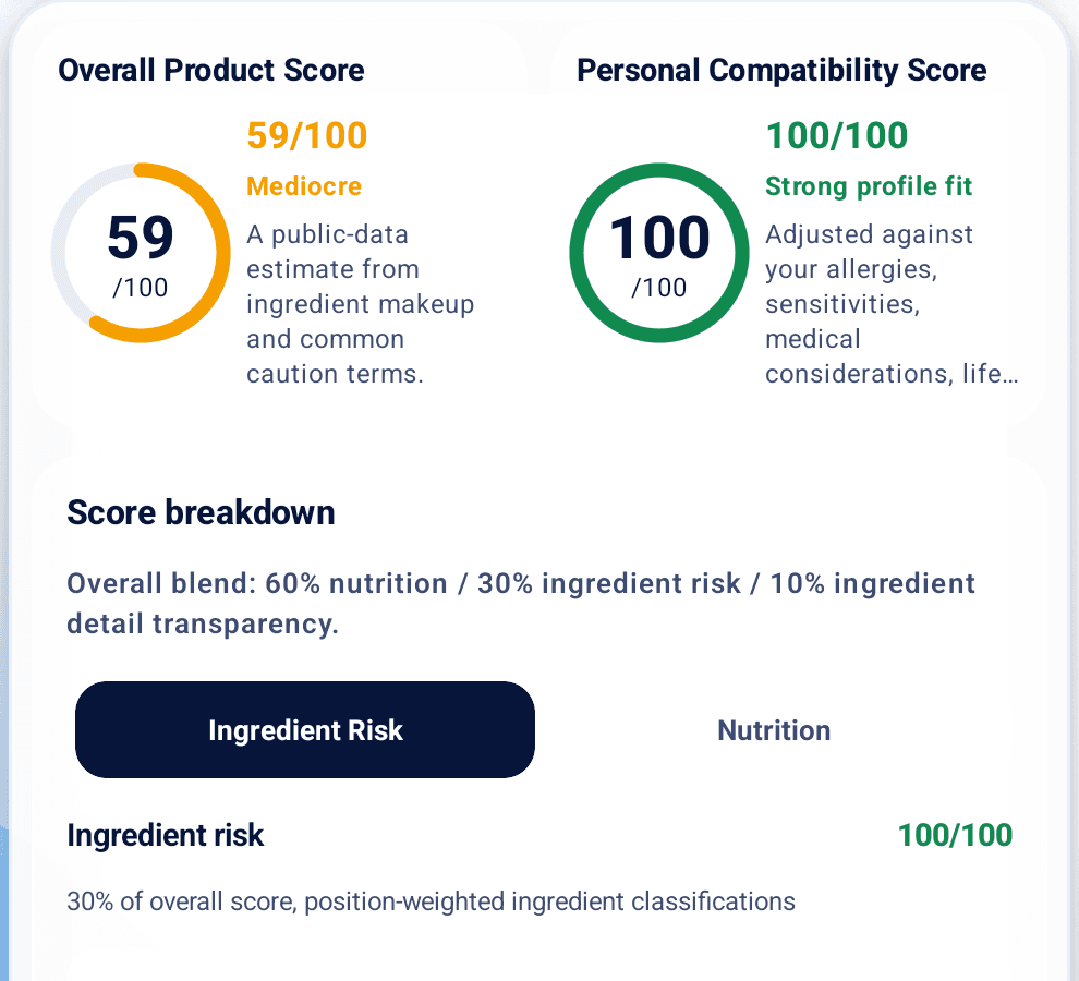 InstaCheck Product Results showing the Nutrition score blend: 60% Nutrition, 30% Ingredient Risk, 10% Ingredient Detail Transparency
