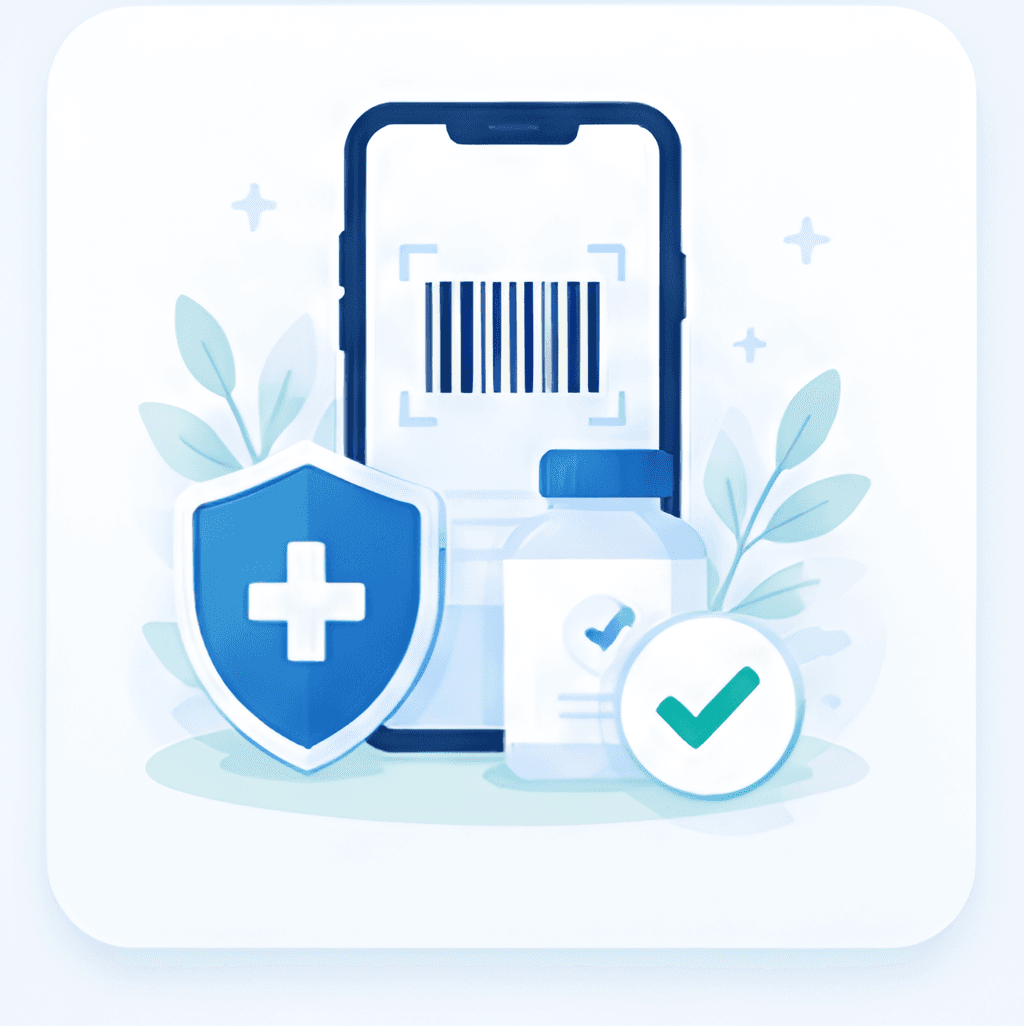 Illustration of a phone scanning a product barcode next to a trust shield and a checked product