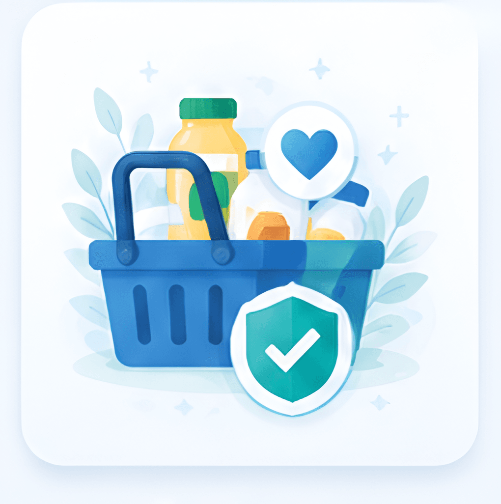 Illustration of a shopping basket of checked products with a favorite heart and a verified shield