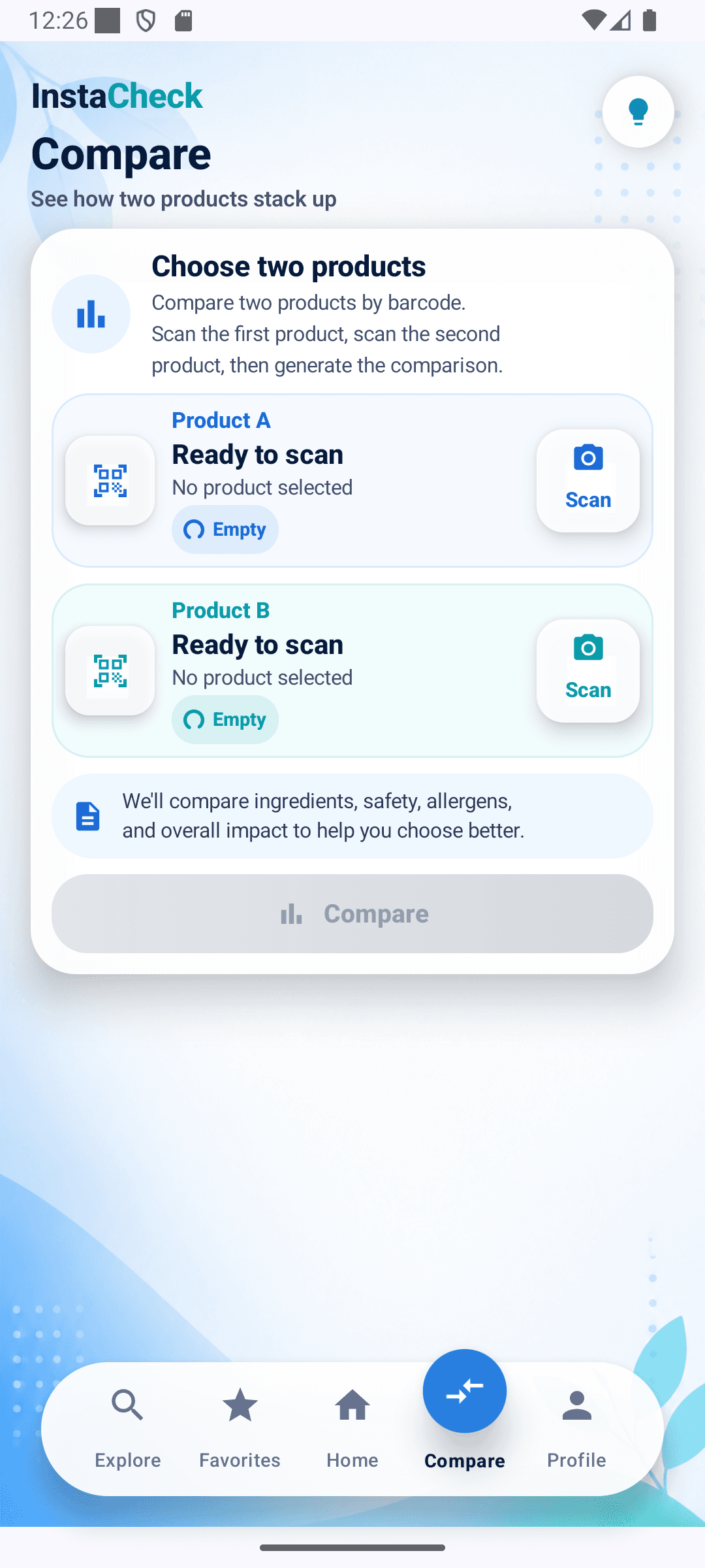InstaCheck compare screen with two product slots ready to scan