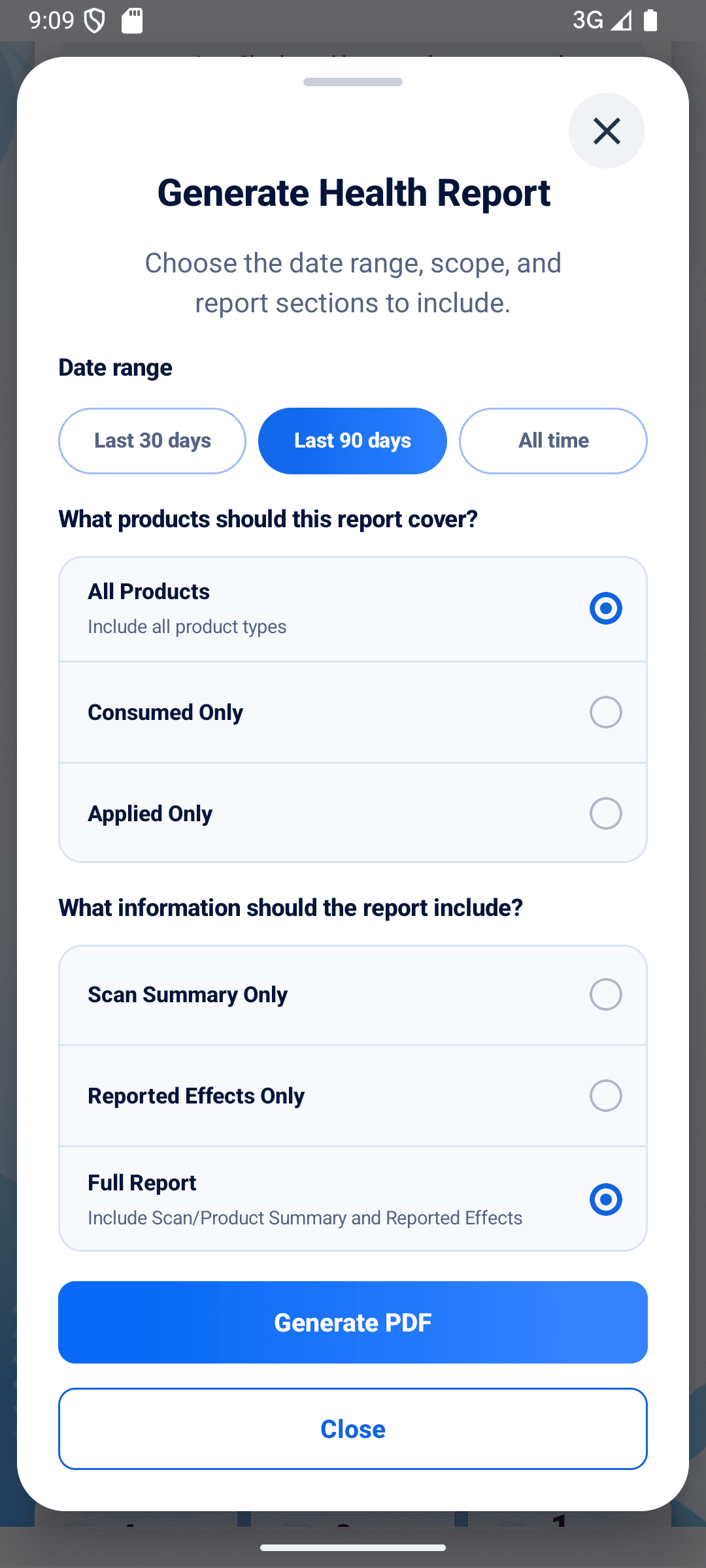 InstaCheck Generate Health Report screen with date range options, product scope choices, report section options, and a Generate PDF button