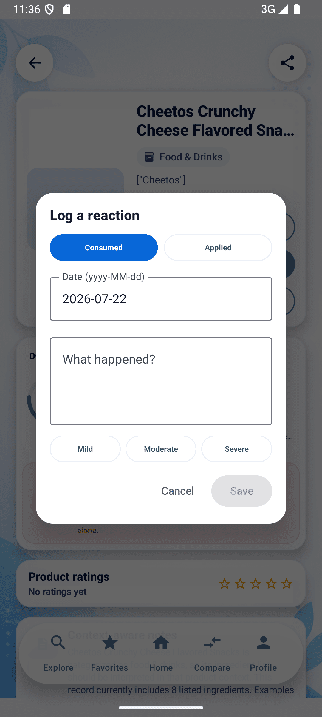 InstaCheck Log a Reaction form with Consumed and Applied options, date field, a description box, and optional severity choices