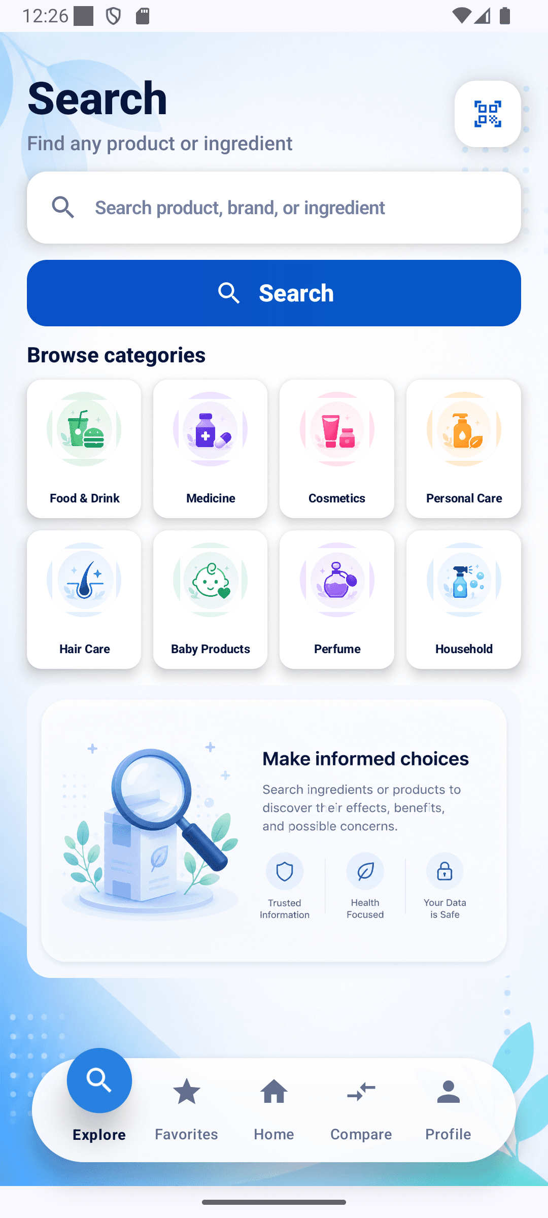 InstaCheck search screen with browse categories and informed-choice guidance